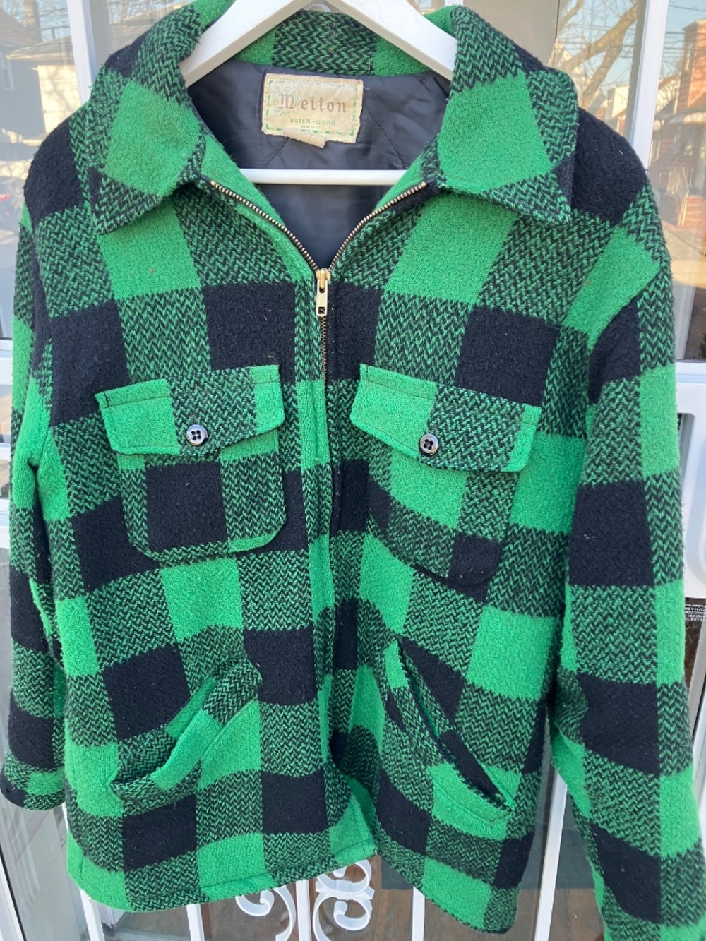 Vintage 70s Melton Green & Black Buffalo Plaid Zip Jacket